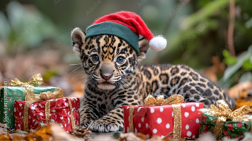 Adorable Jaguar Cub in Holiday Elf Hat Among Gifts Adorable Jaguar Cub in Holiday Elf Hat Among Gifts