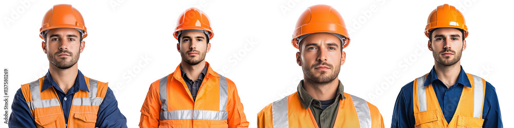 Team of Construction Workers Wearing Orange Hard Hats and Safety Vests on Industrial Job Site Working Together for Infrastructure Building and Maintenance Team of Construction Workers Wearing Orange Hard Hats and Safety Vests on Industrial Job Site Working Together for Infrastructure Building and Maintenance
