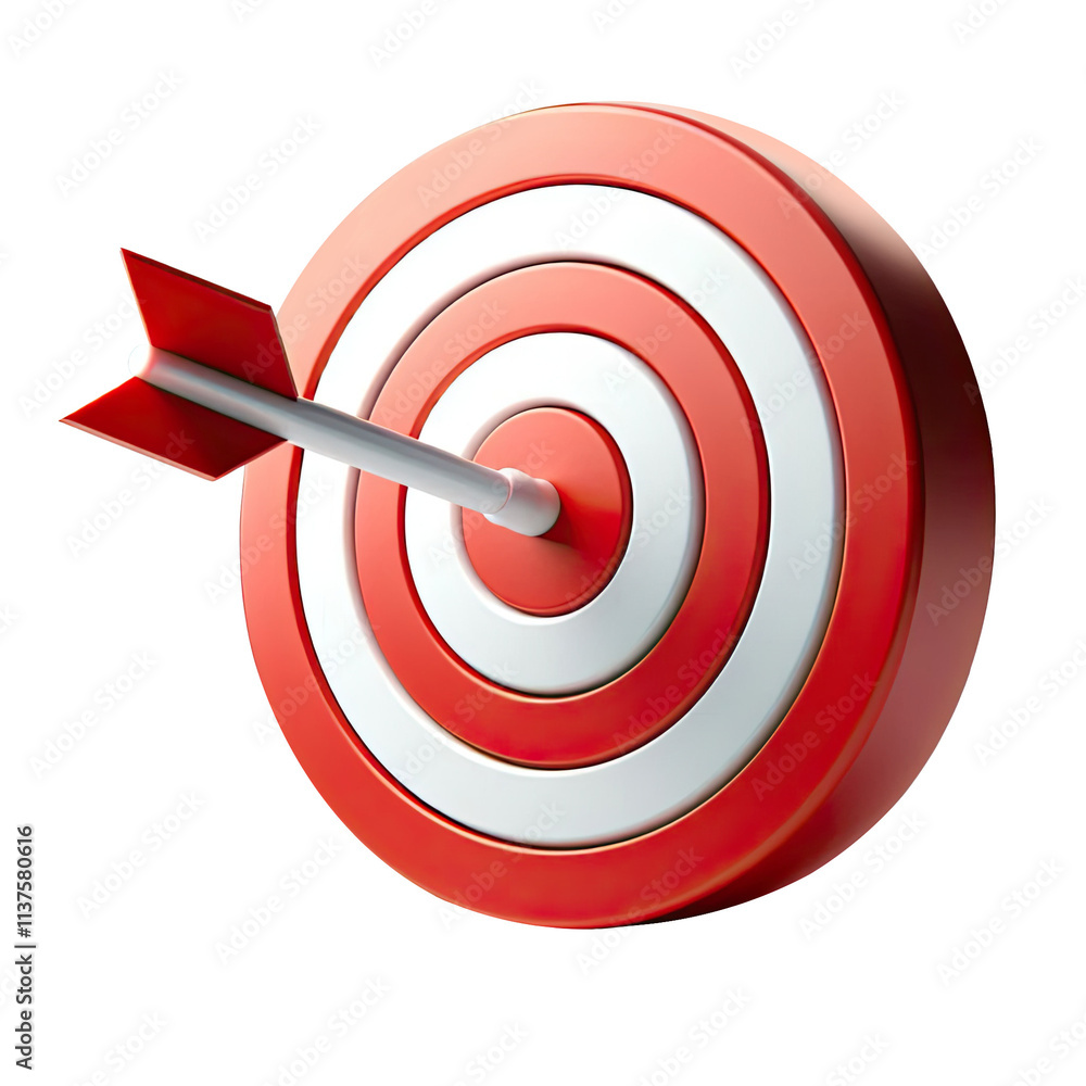 round red and white target with an arrow in the center on a transparent background. the dart hit the bull's-eye on the target in PNG format