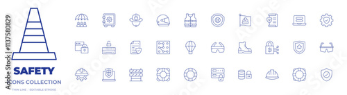 Safety icons collection. Thin Line icons, editable stroke. data protection, firefighter helmet, helmet, pattern lock, padlock, risk management, safety box, server