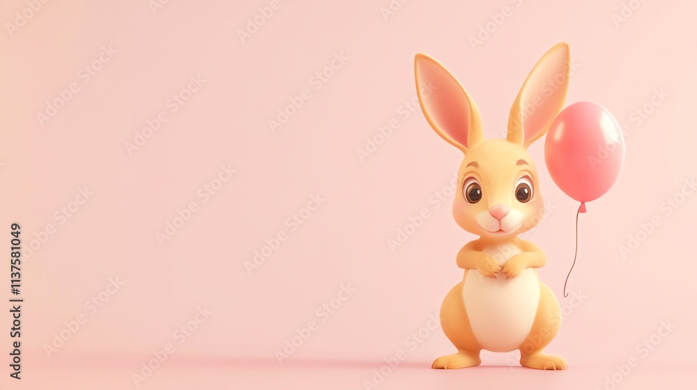 Obraz premium Cute cartoon bunny with a pink balloon on a pink background.