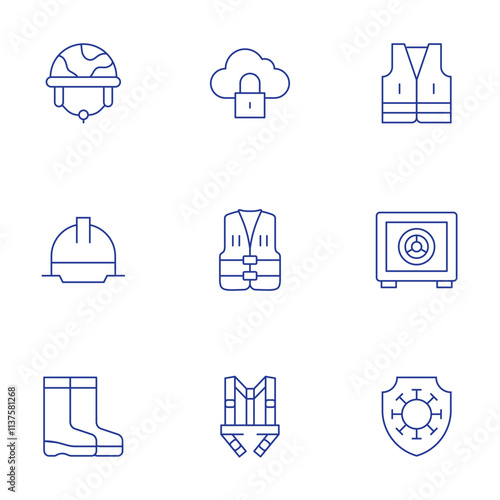 Safety icons set. Thin Line style, editable stroke. helmet, safety, strong box, harness, safe, water boots, vest