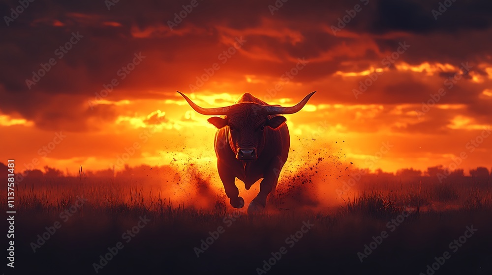 A powerful bull silhouetted against a fiery sunset, charging forward with dust rising from its hooves, the horizon ablaze with intense orange and red hues, A powerful bull silhouetted against a fiery sunset, charging forward with dust rising from its hooves, the horizon ablaze with intense orange and red hues,
