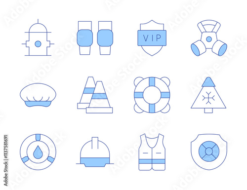 Safety icons. Line Duotone style, editable stroke. shield, safety mask, snow, lifesaver, cone, cover, fire hydrant, knee pads