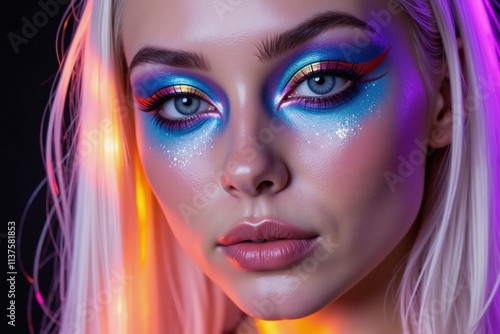 Vibrant neon makeup on model with glitter and colorful eye shadow in futuristic lighting