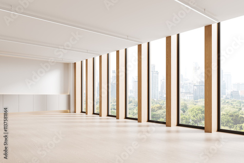 Wallpaper Mural Spacious and bright empty room with large floor-to-ceiling wooden-framed windows and cityscape view. 3D Rendering Torontodigital.ca