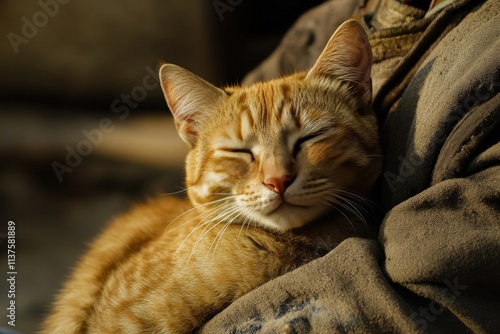 A content orange cat rests on its owner photo