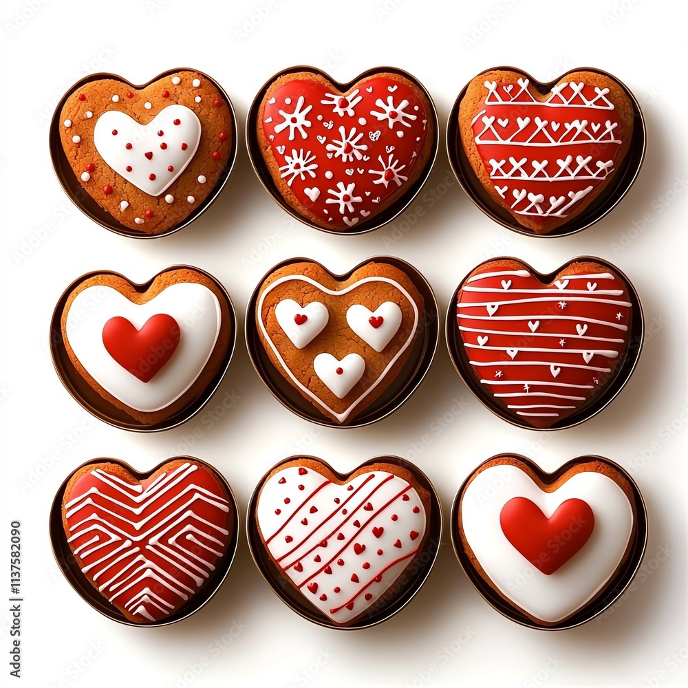 A delightful arrangement of heart-shaped gingerbread cookies decorated with vibrant icing patterns. Perfect for celebrating love and special occasions. A delightful arrangement of heart-shaped gingerbread cookies decorated with vibrant icing patterns. Perfect for celebrating love and special occasions.
