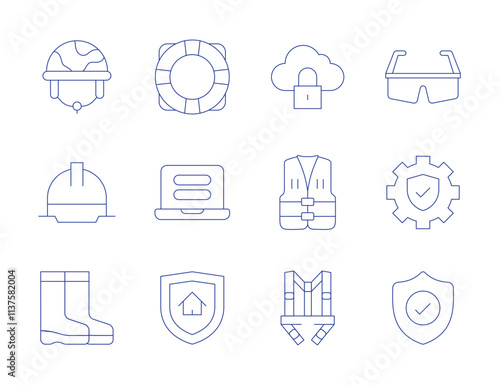 Safety icons. Thin Line style, editable stroke. helmet, safety, harness, lifebuoy, password, safety glasses, setting, shield, water boots
