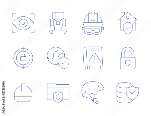 Safety icons. Thin Line style, editable stroke. helmet, target, wet floor, car chair, environment protection, folder, home, lock, protection, hard hat, vision