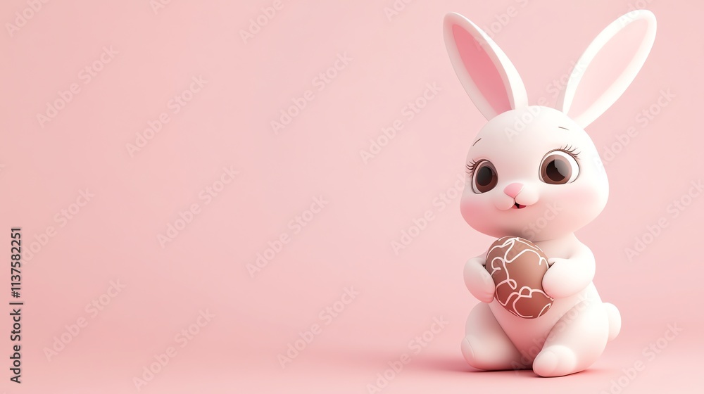 A cartoon bunny with big eyes, holding a chocolate Easter egg, on a pink background. A cartoon bunny with big eyes, holding a chocolate Easter egg, on a pink background.