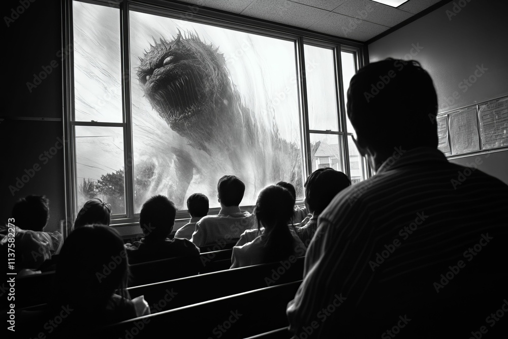 Large monster seen through window; people watch in fear. Large monster seen through window; people watch in fear.
