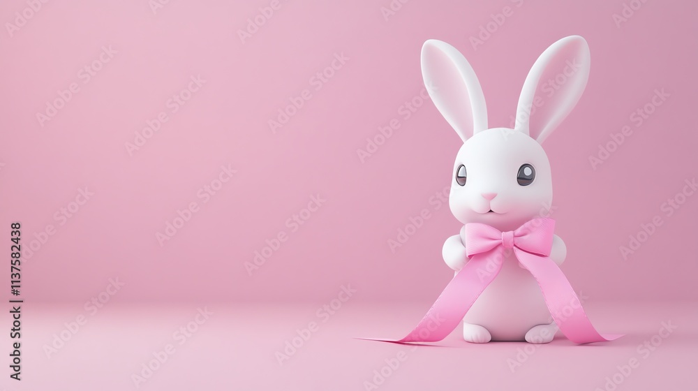 White cartoon bunny with a pink bow, on a pink background. White cartoon bunny with a pink bow, on a pink background.
