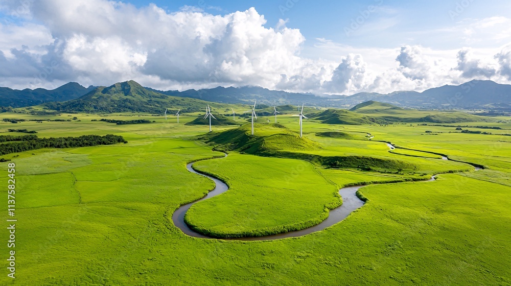 Obraz premium Lush green landscape with winding river and distant hills under a bright sky.