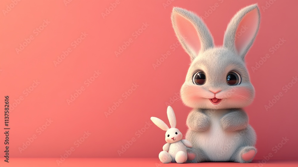 Fototapeta premium A cute cartoon bunny with a small bunny toy.