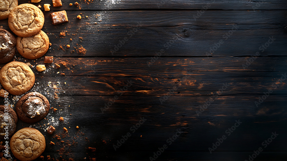Artistic arrangement of assorted cookies on a rustic wooden surface, featuring chocolate chip, oatmeal, and sugar cookies, with vibrant lighting highlighting textures Artistic arrangement of assorted cookies on a rustic wooden surface, featuring chocolate chip, oatmeal, and sugar cookies, with vibrant lighting highlighting textures