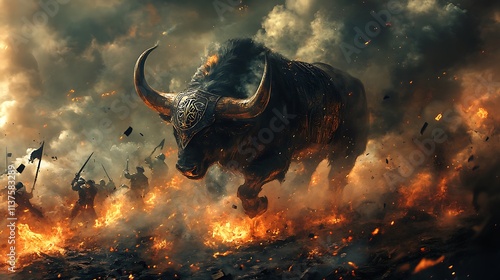A warbull with blackened steel armor adorned with ancient symbols, storming across a chaotic battlefield, soldiers and debris flying through the air, glowing embers and smoke surrounding its path,