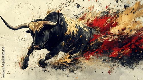 An abstract bull painted with sweeping strokes of black, gold, and crimson, charging forward through a whirlwind of fragmented shapes and dynamic textures,