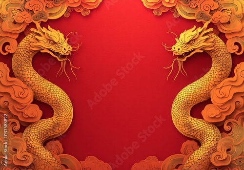 Wallpaper Mural A red background with a golden snake pattern border frame, symbols of good luck and fortune during New Year celebrations.  two snakes coiled around the circle of gold patterns on both sides Torontodigital.ca