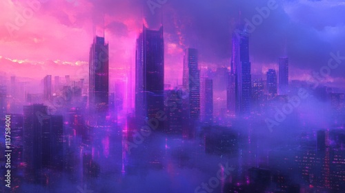 Vibrant Futuristic Cityscape with Neon Lights and Dramatic Clouds
