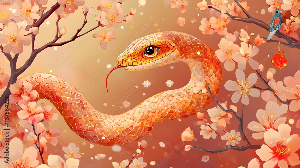 Cute Snake Illustration with Flowers for Lunar New Year Celebrations and Festive Themes Cute Snake Illustration with Flowers for Lunar New Year Celebrations and Festive Themes