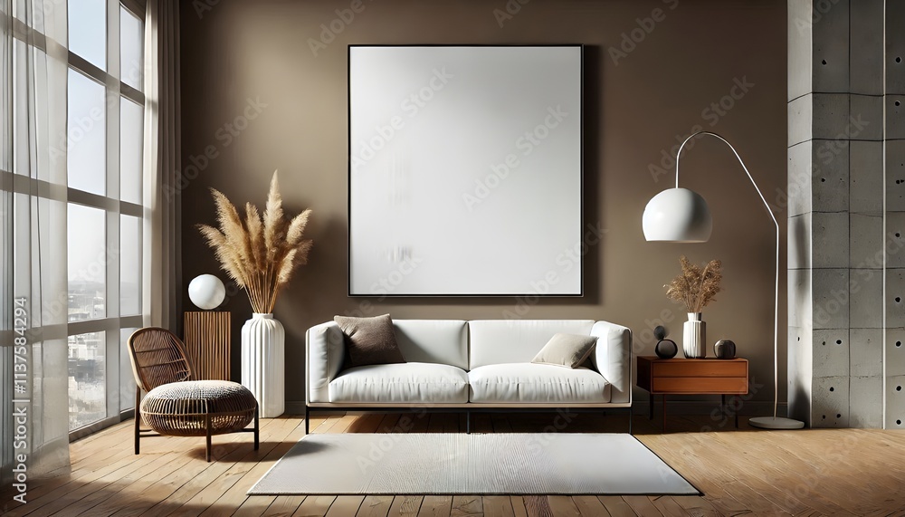 Fototapeta premium Modern Living Room Mockup with Empty Frame and Neutral Tones