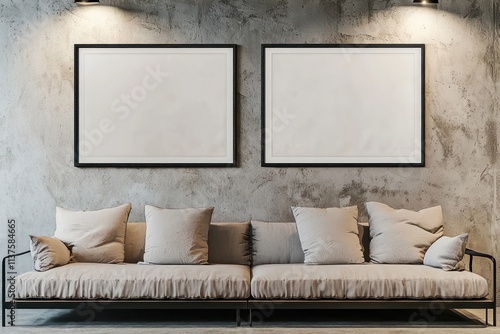 Industrial loft living room featuring two horizontal ISO A3 frames above a low-back couch, with a raw cement wall and spotlighting.