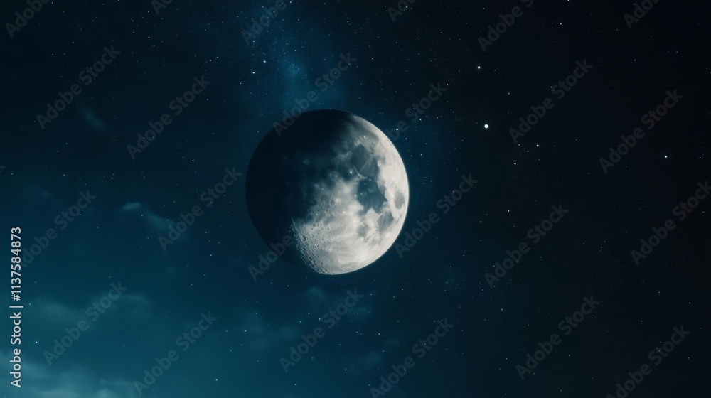 Night sky with a full moon illuminating a starry landscape during a serene evening Night sky with a full moon illuminating a starry landscape during a serene evening