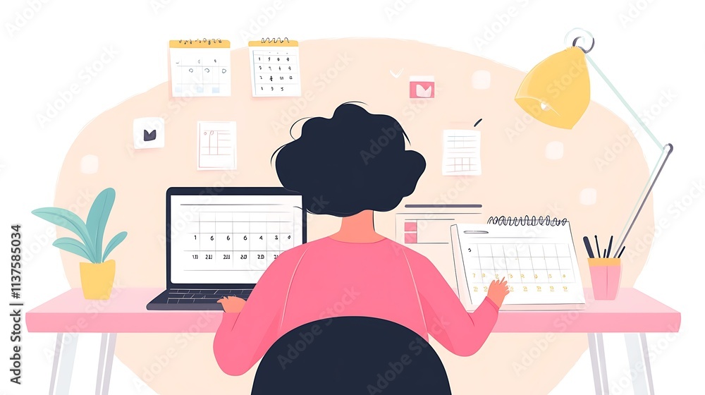 A person sitting at a desk with a laptop, a notebook open to a list of goals, and a calendar marked with deadlines A person sitting at a desk with a laptop, a notebook open to a list of goals, and a calendar marked with deadlines