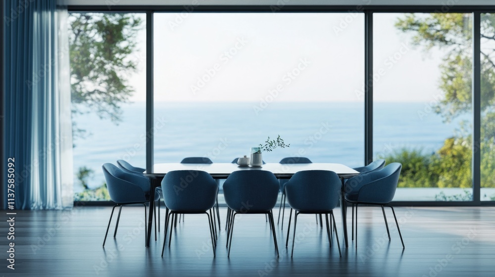 Fototapeta premium Modern Elegance: Contemporary Living Room with Ocean View