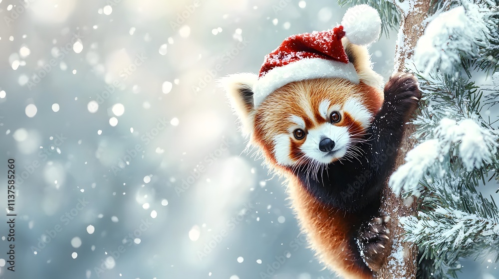 Cute Red Panda Climbing a Snowy Tree in Winter Cute Red Panda Climbing a Snowy Tree in Winter