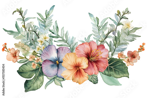 A watercolor painting of tropical spring florals on white or transparent background, suitable for greeting cards or wedding cards