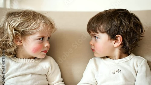 Sibling Rivalry on Couch with Anger Expressions