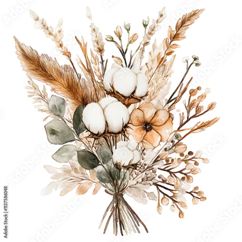 Illustration of a boho flower bouquet with watercolor leaves, dried foliage, eucalyptus, pampas grass, and beige flowers, white or transparent background