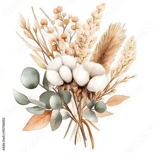 Illustration of a boho flower bouquet with water color cotton leaves, dried foliage, eucalyptus, pampas grass, and beige flowers, white or transparent background