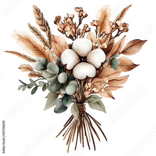 Illustration of a boho flower bouquet with watercolor cotton leaves, dried foliage, eucalyptus, pampas grass, and beige flowers, white or transparent background