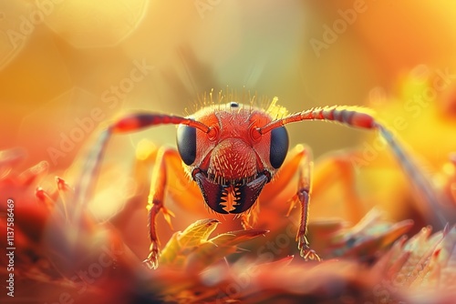 A close-up image of a vibrant red ant on a colorful flower background. photo