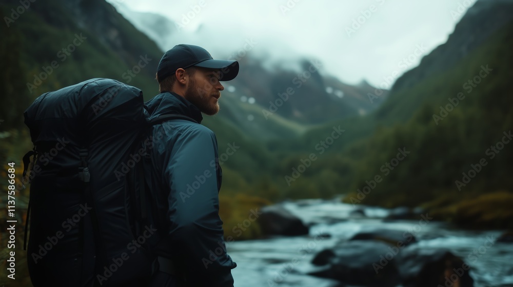 Hiker enjoys peaceful moment by the river in a misty valley surrounded by mountains Hiker enjoys peaceful moment by the river in a misty valley surrounded by mountains
