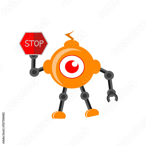 one-eyed round robot design with stop sign