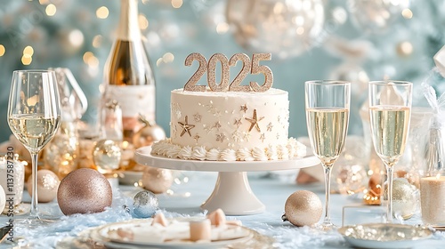 A glitzy New Year's celebration setup with sparkling wine, festive tableware, and a cake decorated with 