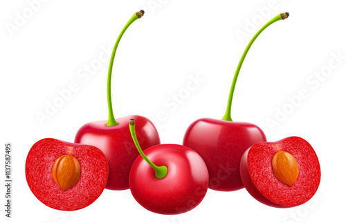 Ripe cherries isolated on a white background. Whole red cherry and half cherry with pit, realistic 3d vector illustration. Ripe of berries, glistening with vibrant hues.