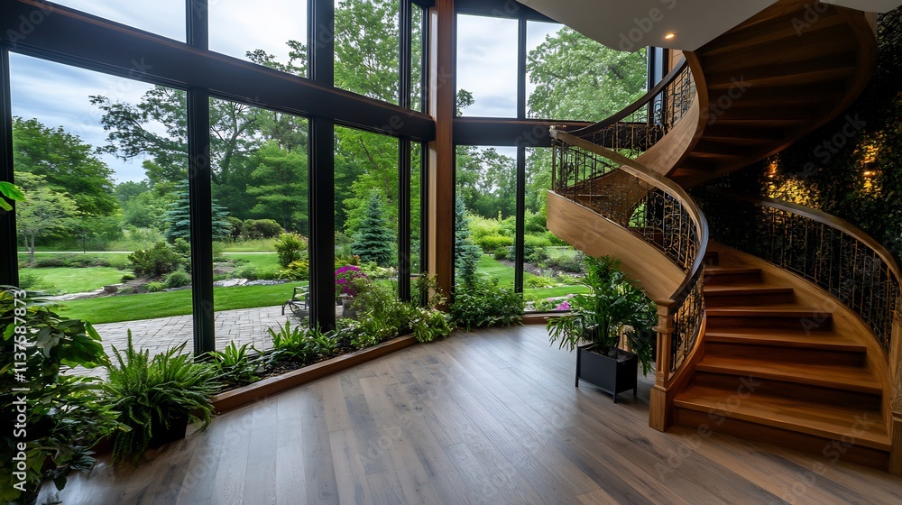 Luxury Home with Stunning Spiral Staircase and Expansive Garden Views Luxury Home with Stunning Spiral Staircase and Expansive Garden Views