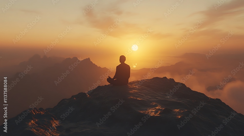 Obraz premium Silhouette of a Man Meditating at Sunset