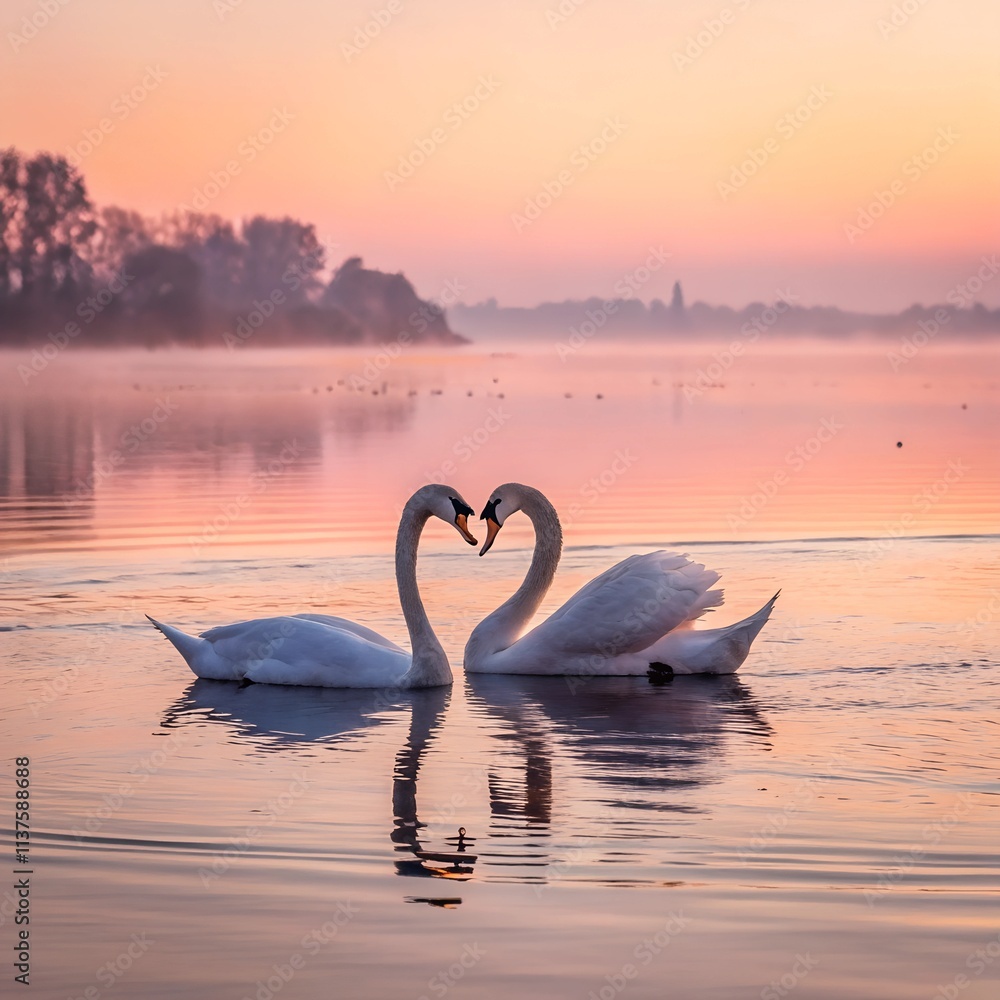 Fototapeta premium A serene lake at sunrise with two graceful swans gliding close to each other, their necks arched to form a perfect heart shape. The water is calm, reflecting the soft pink and golden hues of the sky. 