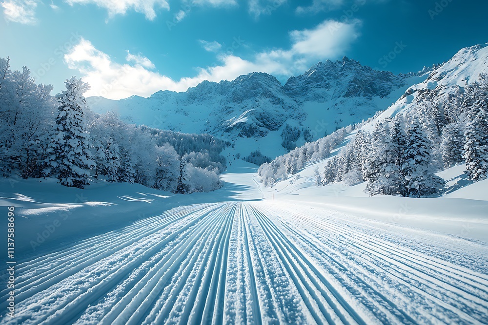 A snowy path through a winter wonderland in the mountains A snowy path through a winter wonderland in the mountains