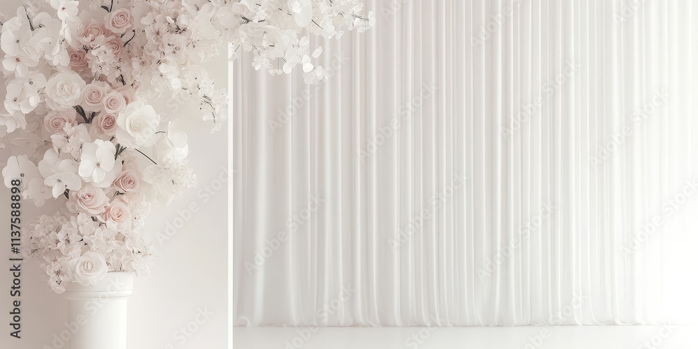 Elegant Floral Arrangement at Wedding Ceremony Hall with Soft White Drapes and Modern Aesthetic, Ideal for Romantic Celebrations or Events Elegant Floral Arrangement at Wedding Ceremony Hall with Soft White Drapes and Modern Aesthetic, Ideal for Romantic Celebrations or Events