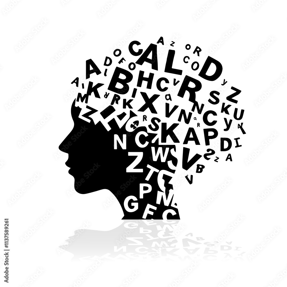 Head of a young girl made with flat letters , vector illustration design. Head of a young girl made with flat letters , vector illustration design.