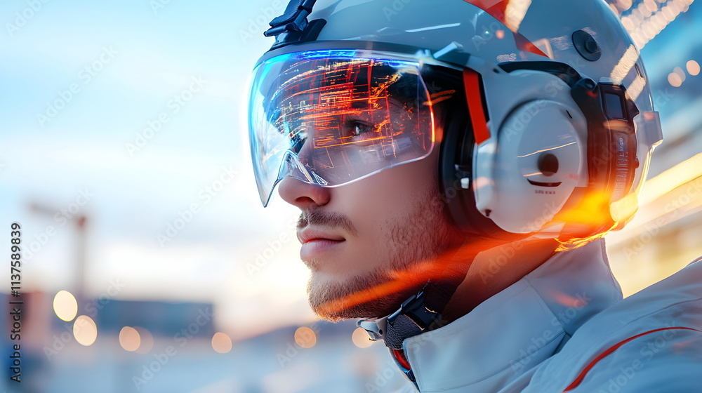 Engineer Wearing Advanced Helmet in a Modern Environment with Futuristic Technology Engineer Wearing Advanced Helmet in a Modern Environment with Futuristic Technology