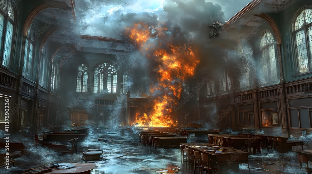 Devastation in a once-grand library with fire and water creating chaos. Devastation in a once-grand library with fire and water creating chaos.
