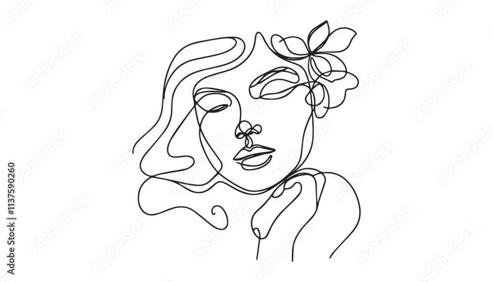 Single Line Drawing of a Mid-Century Modern woman face with Editable Stroke and Copy Space Single Line Drawing of a Mid-Century Modern woman face with Editable Stroke and Copy Space